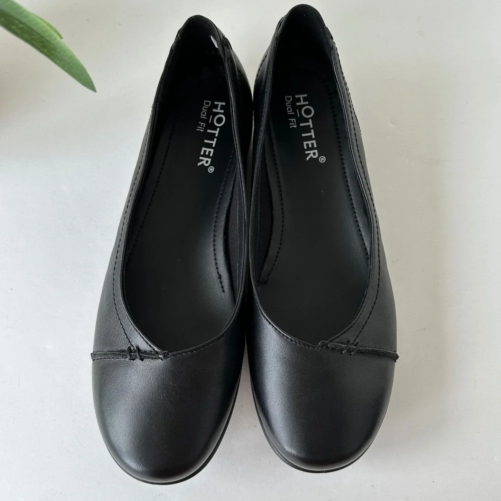 Hotter Robyn II Black Leather Ballerina Flats Size 10 Dual Fit Comfort Shoes